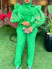Elegant Two Pieces Set Half High Neck Bow Puff Sheer Sleeve Beading RufflesTops Wide Leg Pants Office Lady Party Outfits