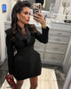 Solid Cinched-waist Mini Dress Women Casual V-neck Full Sleeve Shoulder Pads A-line Vestidos Lady Chic Party Street Gowns