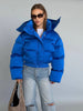 Solid Hooded Cropped Puffer Jacket Women Stand Collar Snap Button Loose Long Sleeve Jackets Winter Casual Warm Padded Coat