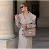 Women Oversized Lapel Woolen Long Coat Double Breasted Slim Waist Maxi Overcoat Elegant Autumn Winter Street Daily Outerwear