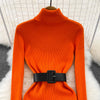 Elegant Turtleneck Long Sleeve Knit Soft Tight Pencil Dress with Belt Slim Warm Sweater Vestido Sexy Women Winter Robe