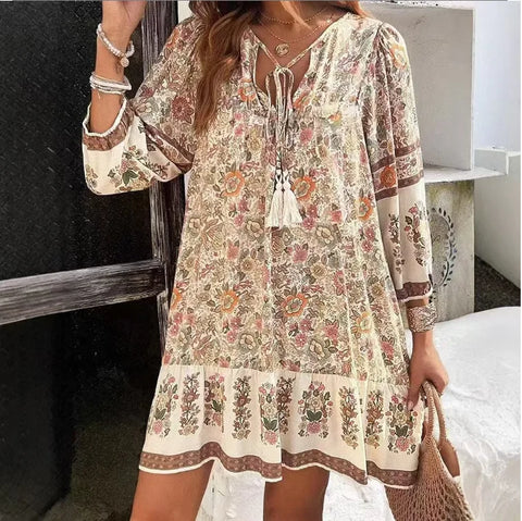 Casual Print Loose Dress For Women Long Sleeve V Neck Lace-up Vintage Pullover Dresses Lady Boho Holiday Womens Clothing