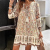 Casual Print Loose Dress For Women Long Sleeve V Neck Lace-up Vintage Pullover Dresses Lady Boho Holiday Womens Clothing