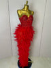 Stock Women Sexy Sparkly Rhinestone Mesh Feather Long Dress Elegant Evening Party Celebrate Birthday Performance Costume