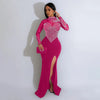 Women Long Sleeve Diamonds Rhinestones High Side Split Mermaid Midi Maxi Dress Even Sexy Party Dresses Vestidos