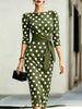Elegant Women Office Party Midi Dress Polka Dot 3/4 Sleeve Pencil Dresses Spring Round Neck With Belt Slim Dress Robe
