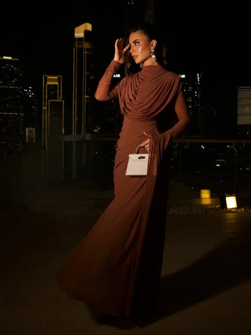 Solid Draped Neckline Long Dress Women Elegant Full Sleeve Cinched-waist Pleated Bodycon Robe Lady Chic Evening Dinner Gown