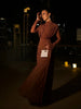 Solid Draped Neckline Long Dress Women Elegant Full Sleeve Cinched-waist Pleated Bodycon Robe Lady Chic Evening Dinner Gown