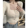 Fuzzy Square Neck Cardigan Sweater Women Long Sleeve Button-Up Fitted Knit Crop Top Soft Plush Jacket Spring Fall Y2K