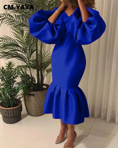 Women Evening Dress Solid Full Puff Sleeve V-neck Long Maxi Trumpet Dresses Vintage Party Vestidos Fall Outfit