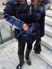 Chic Reflective Fabric Lace Up Hooded Cotton Jacket Women Stand Collar Full Sleeve Zipper Warm Overcoat Winter Lady Outwear