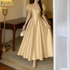 Elegant Chic Women Satin Wedding Guest Party Long Dresses Square Neck Short Puff Sleeve Fitted Waist A-Line Dress S-3XL