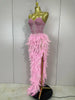 Stock Women Sexy Sparkly Rhinestone Mesh Feather Long Dress Elegant Evening Party Celebrate Birthday Performance Costume