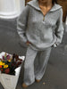 Women's Autumn Winter Collared Half Zip Ribbed Knit 2-Piece Set Oversized Wide Leg Pants Sweater Suit