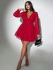 Plus Size Sexy V-Neck Short Dress Solid Polka Dot Long-Sleeve American Slim A-Line Skirt Elegant Party Women's Evening Dres