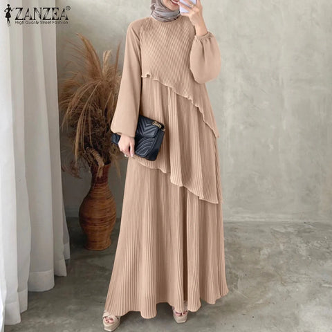 Modest Layered Plisse Patchwork Muslim Maxi Dress, Women's Lantern Sleeve Elegant Abaya, Islamic Hijab Pleated Robe Femme