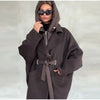 Dark Brown Hooded Hybrid Belted Jacket Oversize Long-Sleeve Spring Elegant Women Outerwear Office Casual Overcoat
