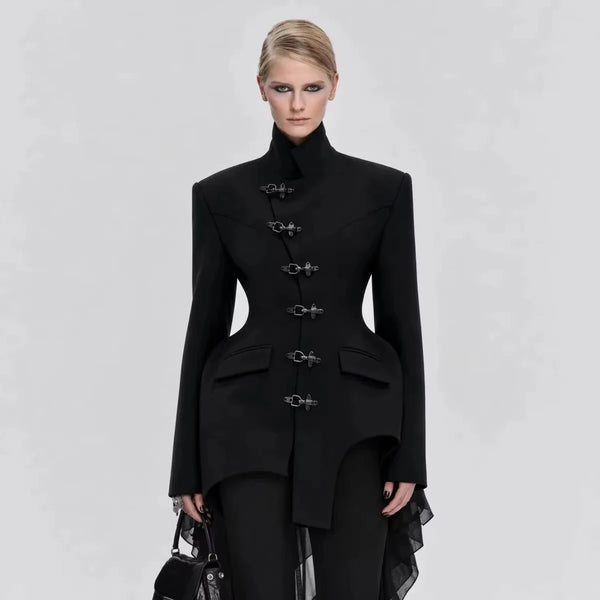 Women Black Blazer Stand Collar Metal Buckle V-Neck Hollow Waist Slim Fit Party Long Suit Jacket