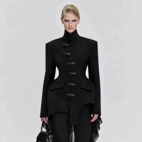 Women Black Blazer Stand Collar Metal Buckle V-Neck Hollow Waist Slim Fit Party Long Suit Jacket