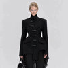 Women Black Blazer Stand Collar Metal Buckle V-Neck Hollow Waist Slim Fit Party Long Suit Jacket