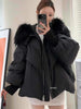 Janveny2026 Winter Large Real Fur Hooded Puffer Jacket Women Thicken Warm Knitted Sleeve Coat White Duck Down Mid Long Parka