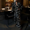 Retro Elegant Satin Polka Dots V Neck Maxi Dress Suit Women Ribbon Lace Full Sleeve Puff Sleeve Waist Cinched Long Dresses