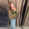 Autumn Women's Green Suede Short Jacket Loose Lapel Zipper Long Sleeve Bomber Coat Female Lady High Street Outwears