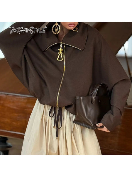 Chic Splicing Personalized Zippers Jacket For Women Lapel Collar Long Sleeve Loose Coat Female Autumn