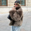 Women Solid Faux Fur Coat Elegant Lapel Collar Long Flare Sleeve Loose Jackets Winter Warm Female Chic High Street Outerwear