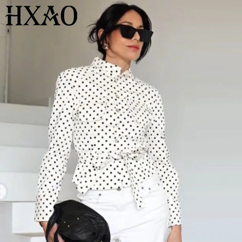Crop Polka Dot Jacket Women's Bomber Jacket Spring Women's Belt Pockets Button Long Sleeve Top Outdoor Outerwears