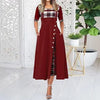 Women's Irregular Lattice Patchwork Long Dresses Vintage Buttons O Neck Half Sleeves Casual Lady Commuting Dress