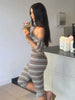 Stripes Print 2 Piece Set Women Slash Neck Half Sleeve Crop T-Shirt+Capri Pants Casuals Chic Street Sport Suits