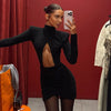 Black Hollow Out Mini Dress Women Chic Long Sleeves Waist Cinching Slim Short Dresses Lady Evening Party Vestidos