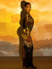 Sexy See Through Dress Woman Butterfly Print Metal Ring Hollow Full Sleeve Splits Clubwear Midnight Elegant Bodycon