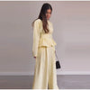 Solid Yellow Pant 2 Piece Set Women's Full Sleeves Buttons Waist-cinching Coats Wide-leg Trousers Ladies Autumn Outfit