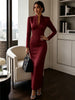Women's Evening Party Elegant Long Dress Solid V-Neck Long Sleeve Sheath Bodycon Maxi Dresses White Black Clothing