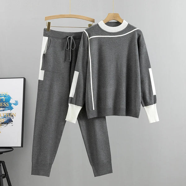 Autumn Runway 2 Pieces Set Knitted Long Sleeve Pullovers Sweater Casual Patchwork Women Tops and Pants Suits Spring