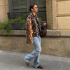 Women Chic Cropped Leopard Faux Fur Coat Contrast Black Fur Collar Cuff Button Short Furry Coats Lady Winter Chic Streetwear