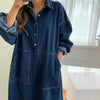 Korean Style Women's Dark Blue Solid Color Spliced Long Sleeve Turn-down Collar Loose Ankle Length Jean Dress