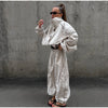 Women Solid Zip Up Two Piece Set High Neck Loose Jacket Wide Leg Track Pants Spring Autumn Casaual Hip Hop Outfit