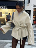 Elegant Fleece Women's Coat Solid V-neck Long Sleeve Belted Lace-Up Cardigan Jacket Autumn Winter Outerwear Female Tops