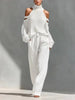 Boho Women's Two Piece Outfit Cold Shoulder Hollow Out Turtleneck Knit Sweater and High Waist Wide Leg Pants Casual Matching Set