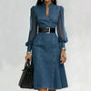 Women Denim Midi Dress Sheer Mesh Long Sleeve Stand Collar Belted A-Line Elegant Casual Office Party Dress