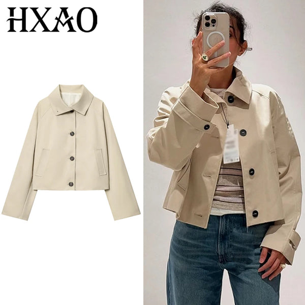 Waterproof Crop Jacket Women's Jacket Autumn Casual Beige Short Windbreaker Long Sleeve Outerwears Button Trench Coat