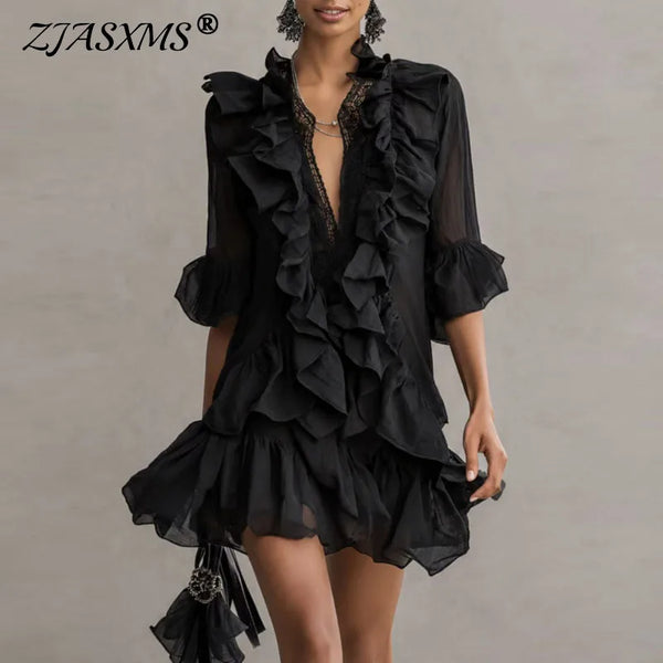 Solid Ruffle Mini Dresses Women Deep V Lace Splice Half Flare Sleeve Loose Irregular Hem Dress Autumn Party Elegant Casual Dress
