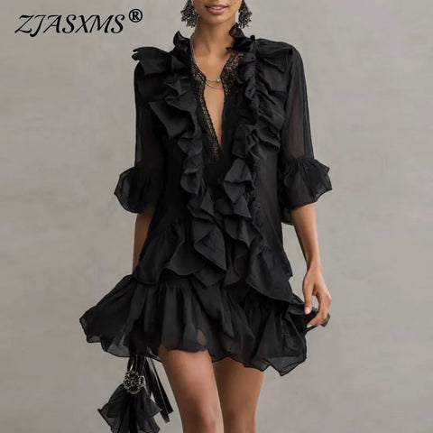 Solid Ruffle Mini Dresses Women Deep V Lace Splice Half Flare Sleeve Loose Irregular Hem Dress Autumn Party Elegant Casual Dress