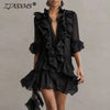 Solid Ruffle Mini Dresses Women Deep V Lace Splice Half Flare Sleeve Loose Irregular Hem Dress Autumn Party Elegant Casual Dress