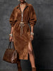 Long Dress for Women Suede Long Sleeves Lapel Neck Maxi Dress Tie Elastic Waist Temperament Elegant Side Split Street Dress