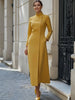 Women's Yellow Mandarin Collar Diagonal Long Sleeve Buttoned Maxi Dress for Wedding Guest Office Dress