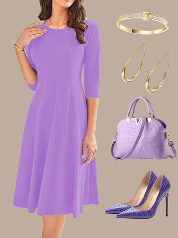 Womens 2/3 Sleeve Solid Color Crew Neck Vintage Elegant Casual Fit And Flare Skater Swing A-Line Dress